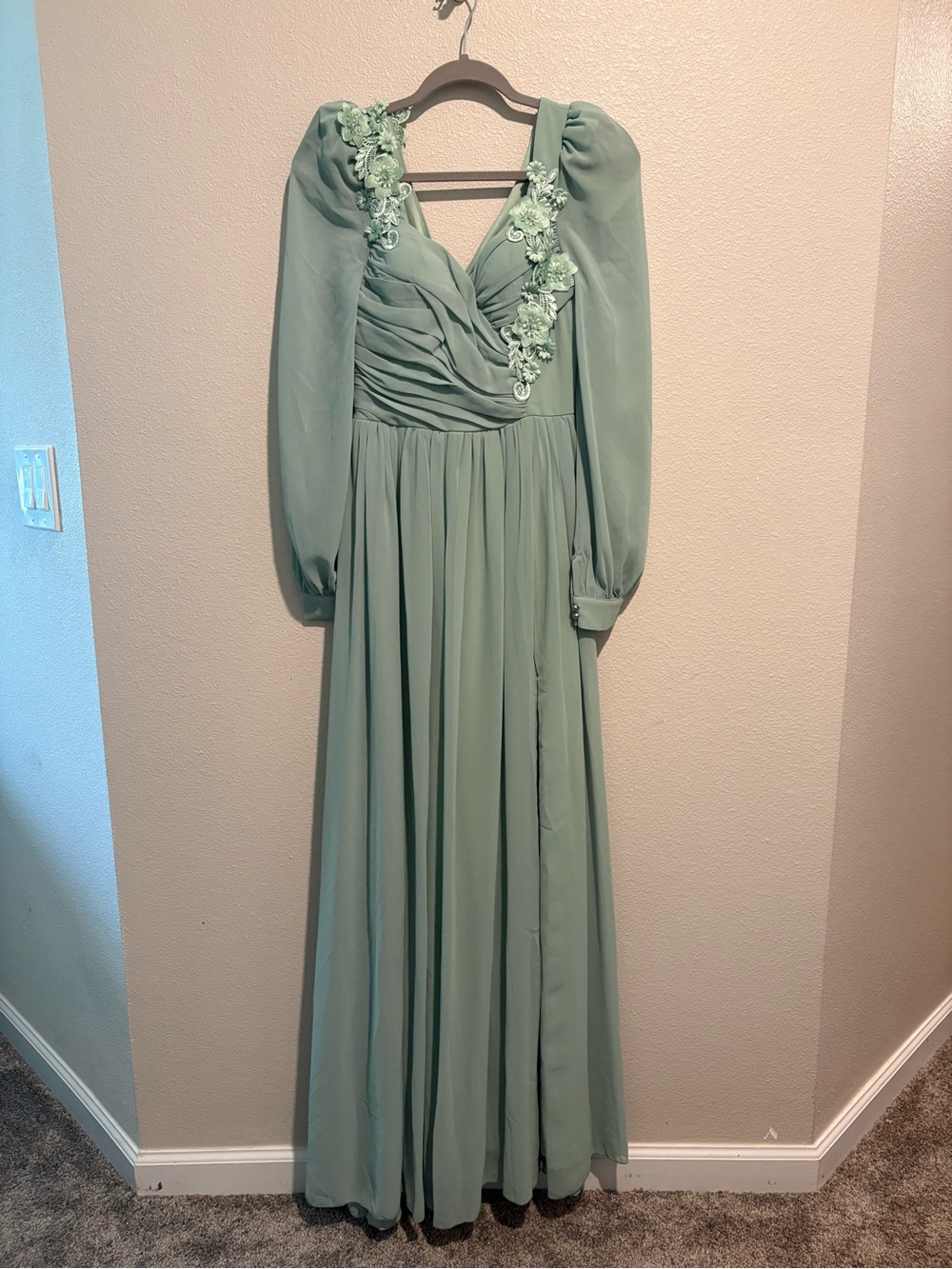 Long Sleeve Sage Green Maxi Dress with Floral Applique
